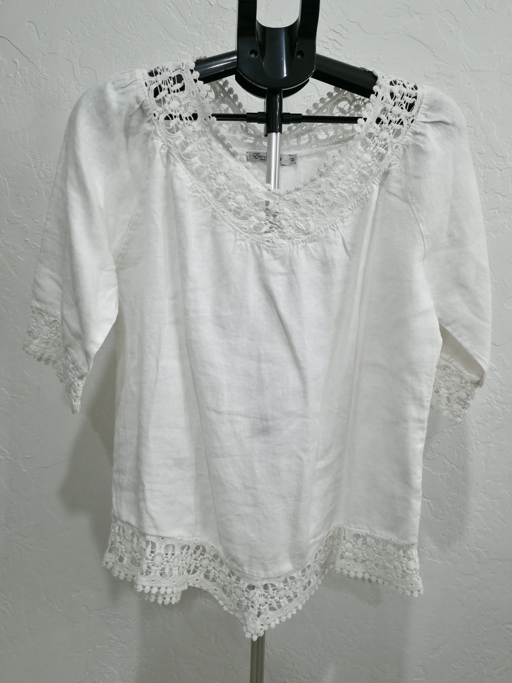 Crochet-Trim White Linen Blouse - Women’s Top